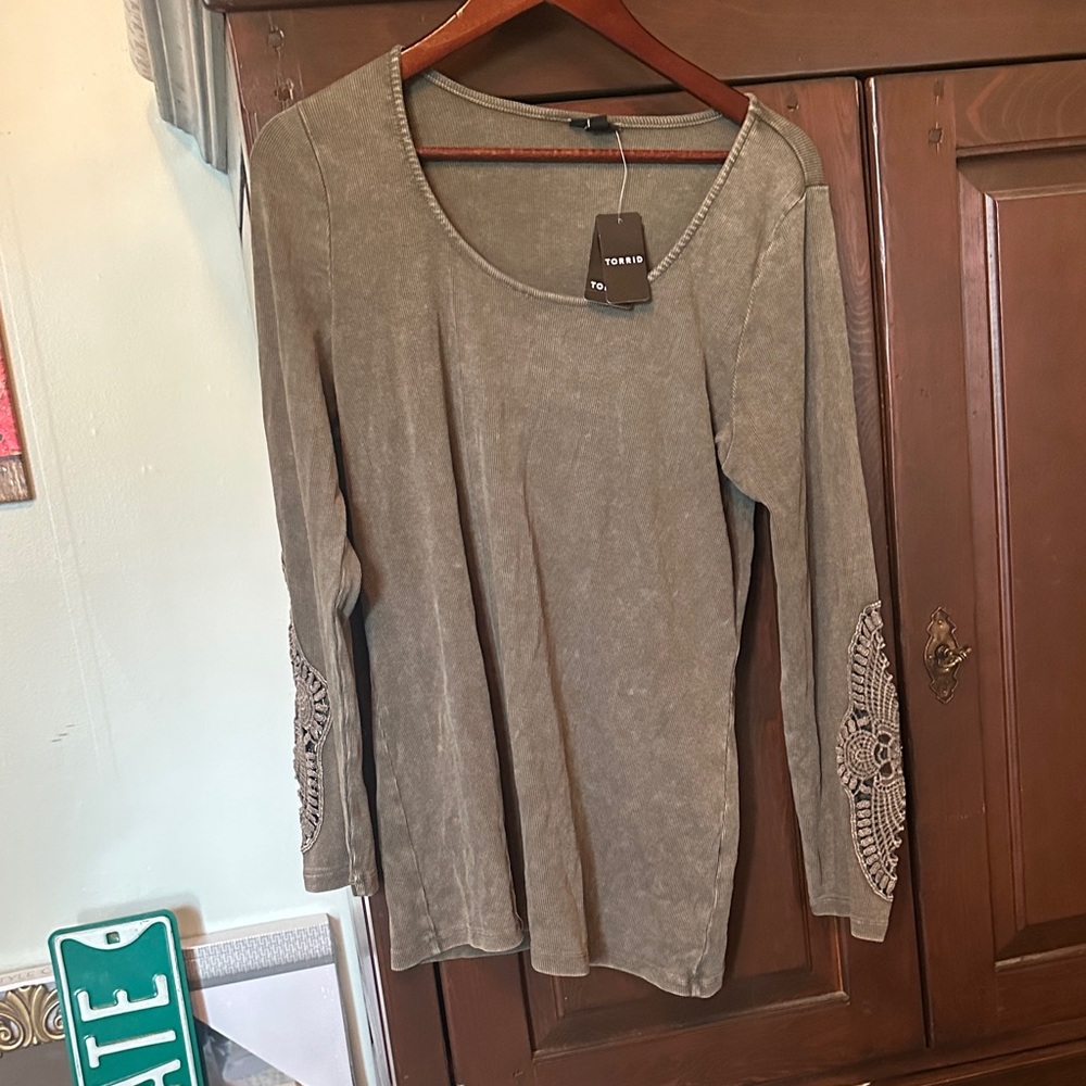 Torrid Olive Long Sleeve Top with Crochet Details